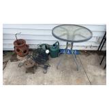Planter, glass top table and misc