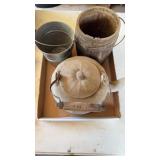 Small wooden barrel tin bucket and old tea pot