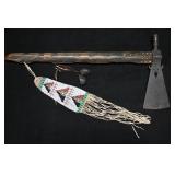 Buffalo Face Tomahawk Pipe with beaded drop and 24