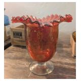 HAND BLOWN RUFFLED RIM CRACKLE GLASS PEDESTAL VASE