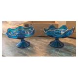2 PC BLENKO STYLE BLUE GLASS CANDLE HOLDERS