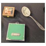 3 PC VTG PILL BOX, COMPACT, HANDMADE BABY SPOON