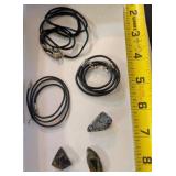 6 PC NECKLACES-LEATHER, FABRIC & POLISHED STONES