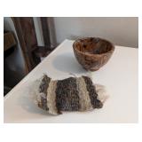 DECORATIVE BURLWOOD STYLE BOWL & HAND WOVEN
