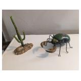 METAL BEETLE SCULPTURE, SIGNED & SAGUARA CACTUS