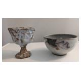 2 PC HAND CRAFTED POTTERY BOWL & CHALICE, SIGNED