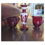 3PC CRANBERRY GLASS CREAMER, SUGAR & BUD VASE