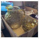 AMBER GLASS PITCHER & 4 BOWLS
