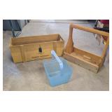3PC WOODEN TOOL TOTE, PLANTER & PLASTIC BASKET
