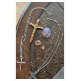 7PC WOOD/GOLD CRUCIFIX, WORRY STONE, GOLD TONE