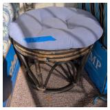 ROUND BAMBOO FOOT STOOL #1, BLUE GREY CUSHION