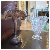 2PC FOOTED CRYSTAL FAN VASE & GLASS FLORAL PURPLE