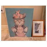 2PC CAT WALL ART, STRETCHED CANVAS & WATERCOLOR-