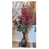 METAL VASE W/FLORAL ARRANGEMENT, RED BERRIES, FAUX