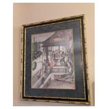 VTG ORIENTAL WATER COLOR, GOLDTONE BAMBOO FRAME
