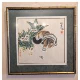 VTG ORIENTAL WATERCOLOR KITTEN, SIGNED