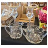 4PC SILVER GILT GLASS CREAMER & SUGAR &