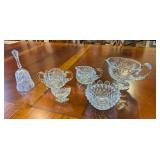ASSTD CLEAR CUT GLASS SUGAR & CREAMER, BELL, OTHER