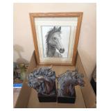 3PC HORSEHEAD BOOK ENDS & ARTWORK, SIGNED