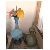 2PC BLOWN GLASS VASE & TEAPOT W/FLORAL ARRANGEMENT