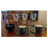 3PC BLACK FOOTED CRYSTAL GOBLETS, 2-PC RICE BOWLS,