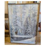 FRAMED ARTWORK, HAND PAINTED, ELK IN SNOWY WOODS