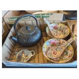 CAST IRON TEAPOT, PORCELAIN RICE BOWLS, SPOONS &
