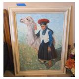 VTG FRAMED ART, LADY & LLAMA