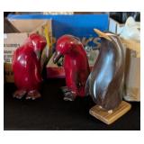 3PC PENGUINS, CERAMIC & HAND CARVED WOOD