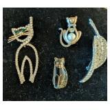 ASSTD CAT BROOCHES, SILVER TONE LEAF MARKED 'PELL'