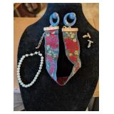 EMBROIDERED CHOKER, EARRINGS, FAUX PEARL BRACELET,