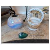 3PC GLAZED POTTERY BASKET, VASE, MOISTURE METER