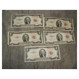 (4) 1953 & 1 1963 Red Seal $2 Notes