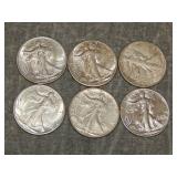 6 Walking Liberty Half Dollars AU to BU U GRADE !!