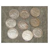 9 French Indochina 10 Centimes SILVER coins UNCish