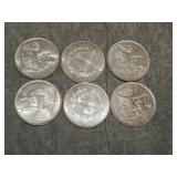 6 French Indochina 20 Centimes SILVER coins UNCish