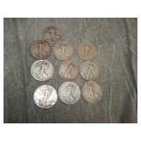 10 Walking Liberty SILVER Half Dollars 1920-39