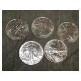 5 American Eagle .999 OZT SILVER Dollars UNC!!