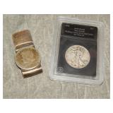 Sterling Silver Money Clip w/ 1964 half & 1918 haf