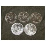5 American Eagle .999 OZT SILVER Dollars UNC!!