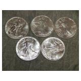 5 American Eagle .999 OZT SILVER Dollars UNC!!