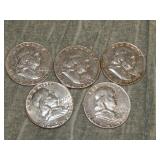 5 Franklin SILVER Half Dollars