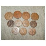 11 Old British One Penny Coins