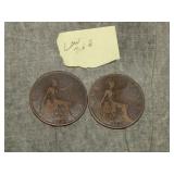 Pair of 1902 British Penny coins low tide u judge
