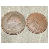 1854 & 1866 British ONE Penny Coins nice cond.