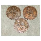 3 1919 H British Penny Coins BETTER DATE