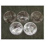 5 American Eagle .999 SILVER Troy Ounce Coins