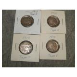 4 Decent 1913 Type 1 Buffalo Nickels