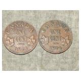 Pair of UNCOMMON 1924 Canada 1 cent coins