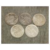 5 Canada 80% SILVER Half Dollars